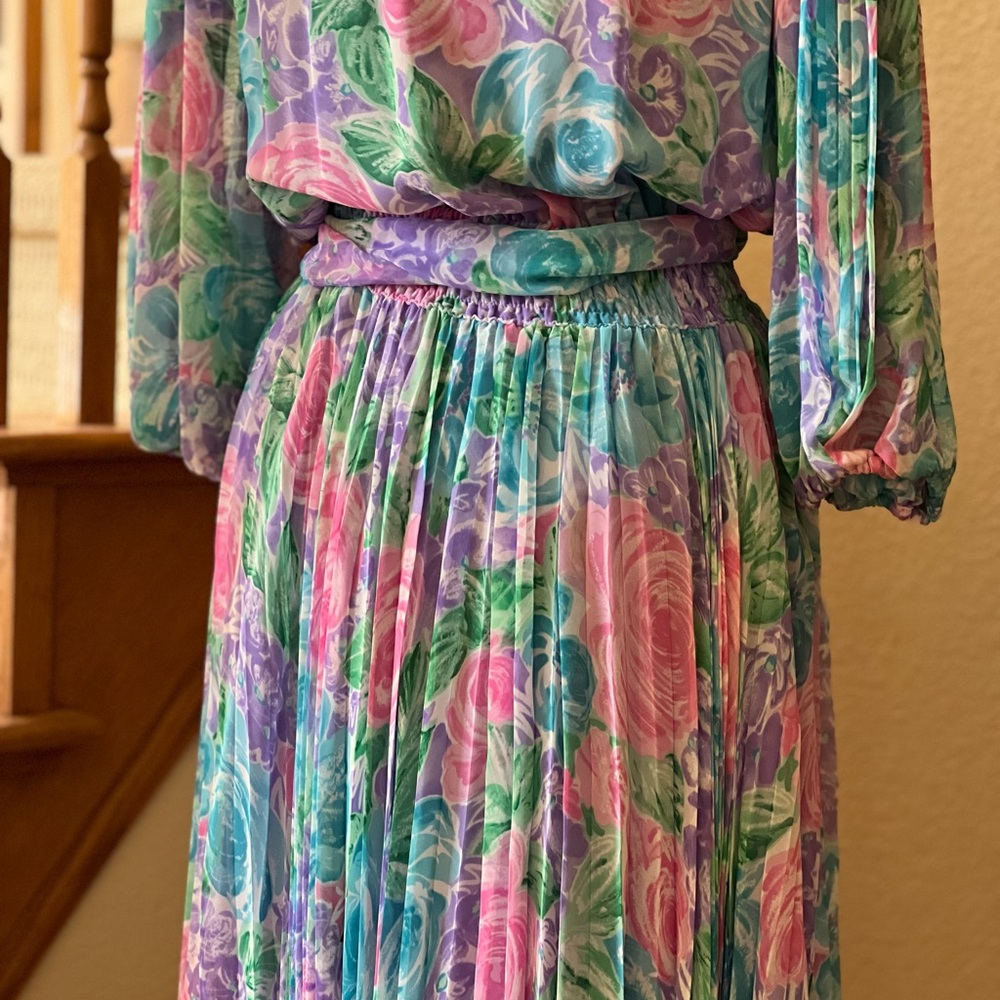 Vintage 80’s Diane Freis Sz 6 Floral Georgette Pink Purple Blue Tea Length Dress - Picture 8 of 10